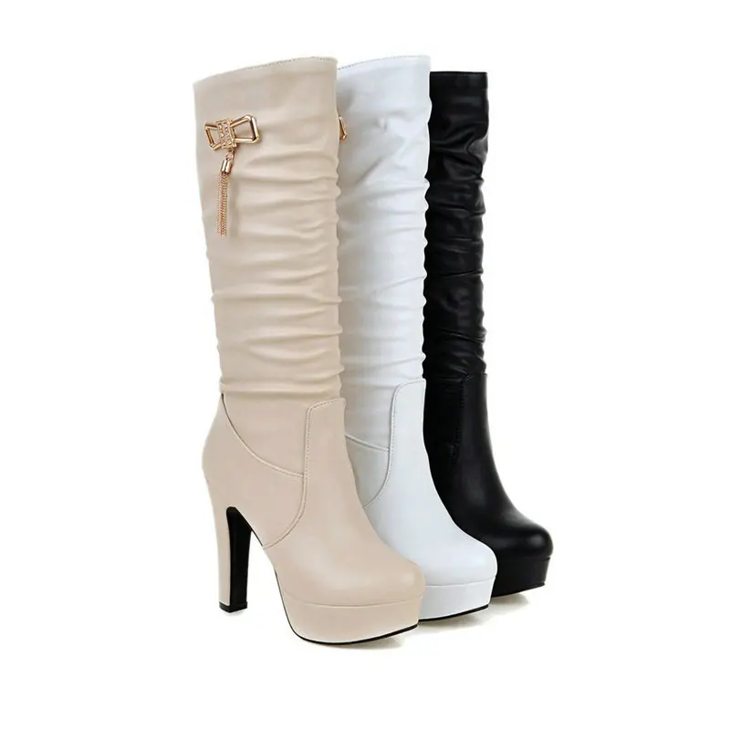 New Autumn Winter Women\'s boots White Knee High Boots Women Comfy Walking Female Western High heeled knight boots Shoes Large si