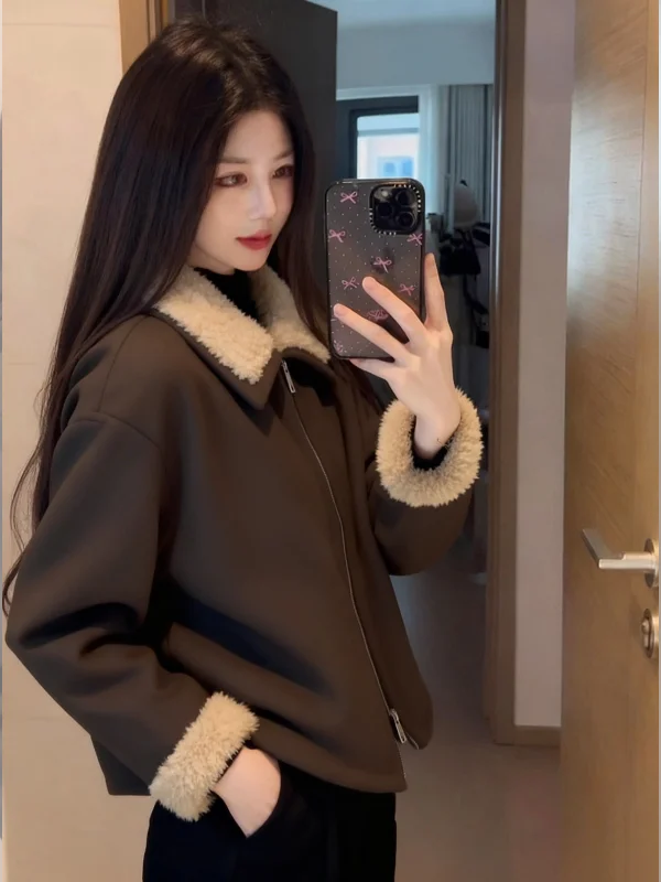 

Женское замшевое верхнее пальто из овечьего меха в стиле ретро Sle, теплое женское пальто с подставкой в американском стиле Sle Faion