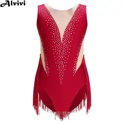 Kinder Mädchen Eiskunstlauf Bodysuit Ballett Gymnastik Latin Dance Cha-Cha Performance Dance wear glänzende Strass Quaste Trikot
