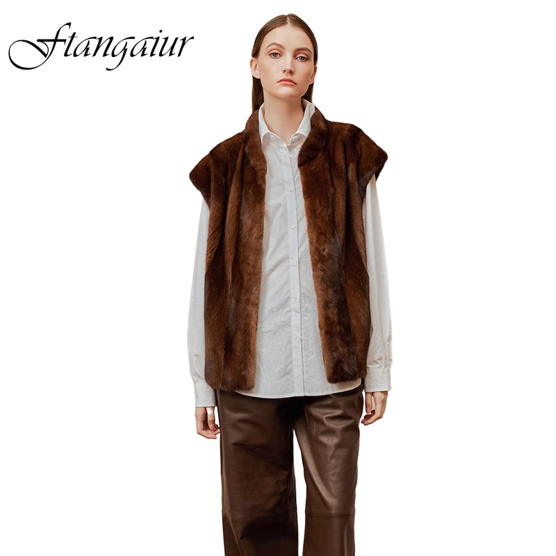 

Зимний импортный жилет из натурального меха норки Ftangaiur, короткий, без рукавов, с круглым вырезом, для женщин