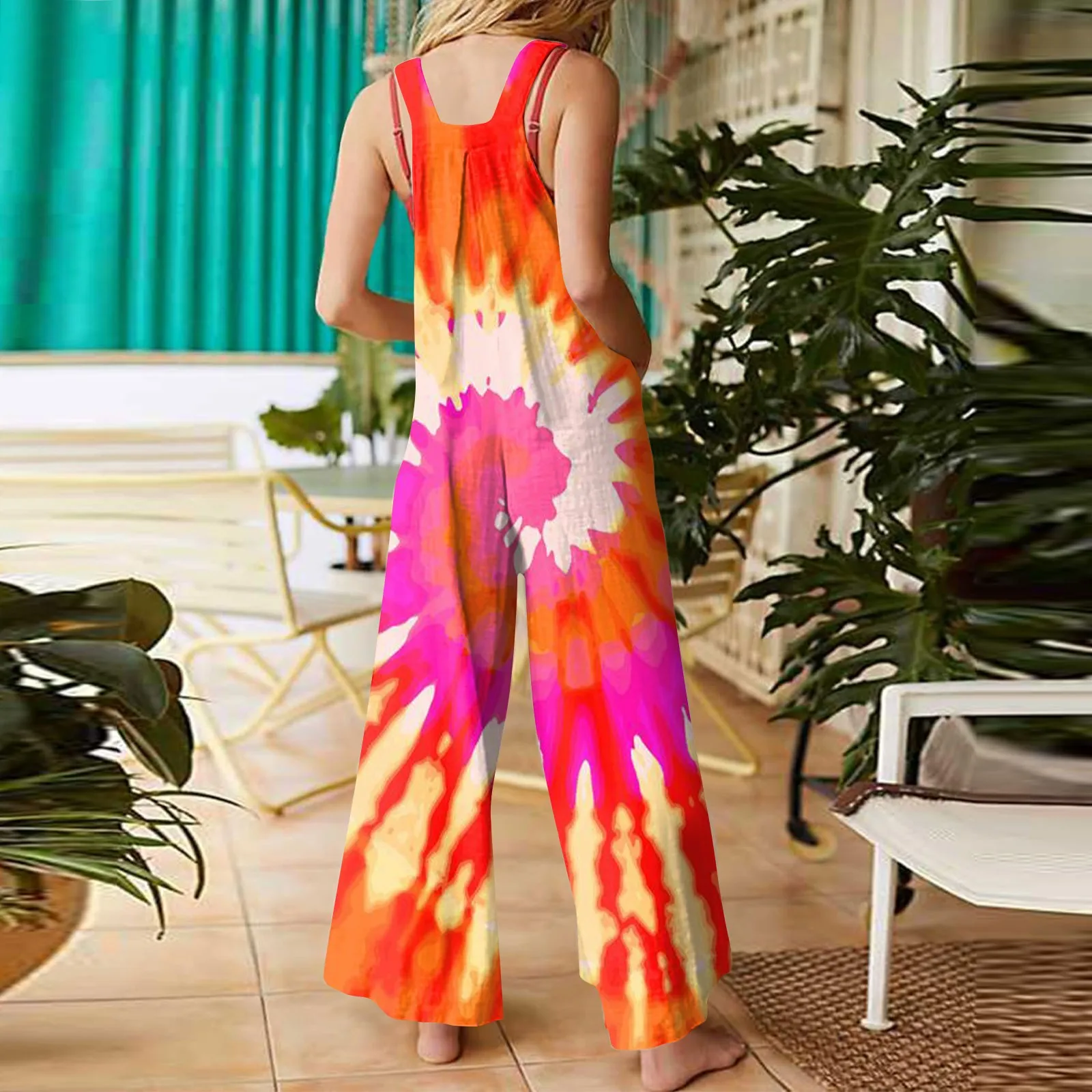 

Tie Dye Women'S Wide Leg Jumpsuits Summer Ladies Sleeveless Sling Jumpsuit Female Casual Print Loose Rompers Damenoverall