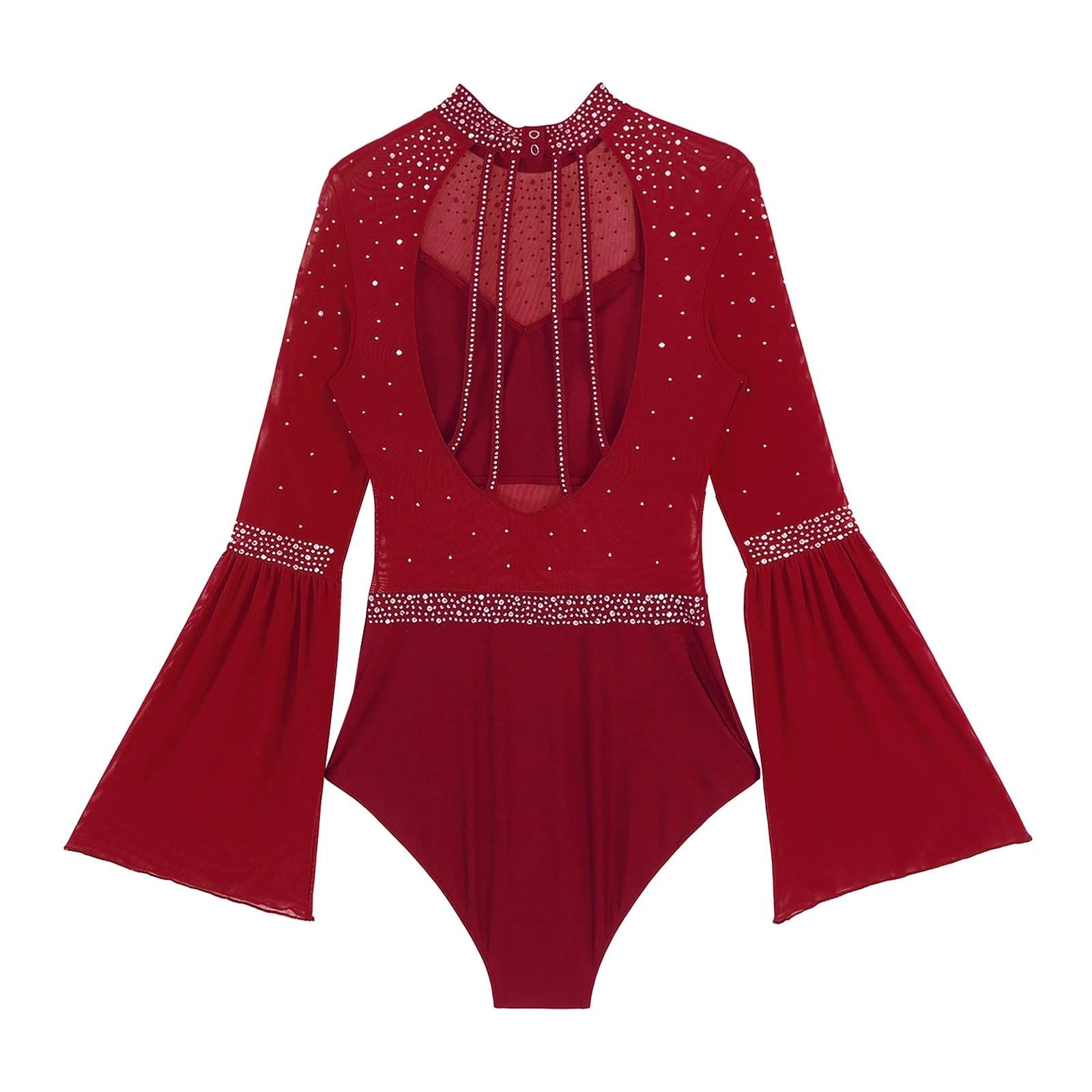 Damen Eiskunstlauf Rhythmische Gymnastik Performance Kostüm Flare Sleeve Sparkly Strass Ballett Tanz Trikot Tanzbekleidung – Detail 30