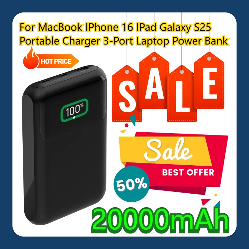 

For MacBook IPhone 16 IPad Galaxy S25 Portable Charger 3-Port Laptop Power Bank 20000mAh