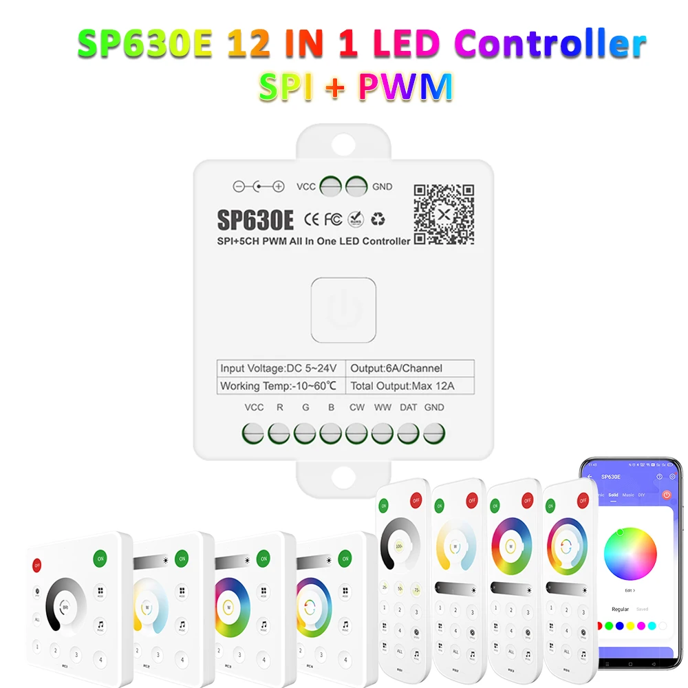 

Светодиодный контроллер 5-24 В, 5 каналов, ШИМ, SPI пикселей, светодиодная лента CCT RGB RGBCCT, контроллер приложения, музыка WS2812B WS2811 RGBIC 2835 BT SP630E