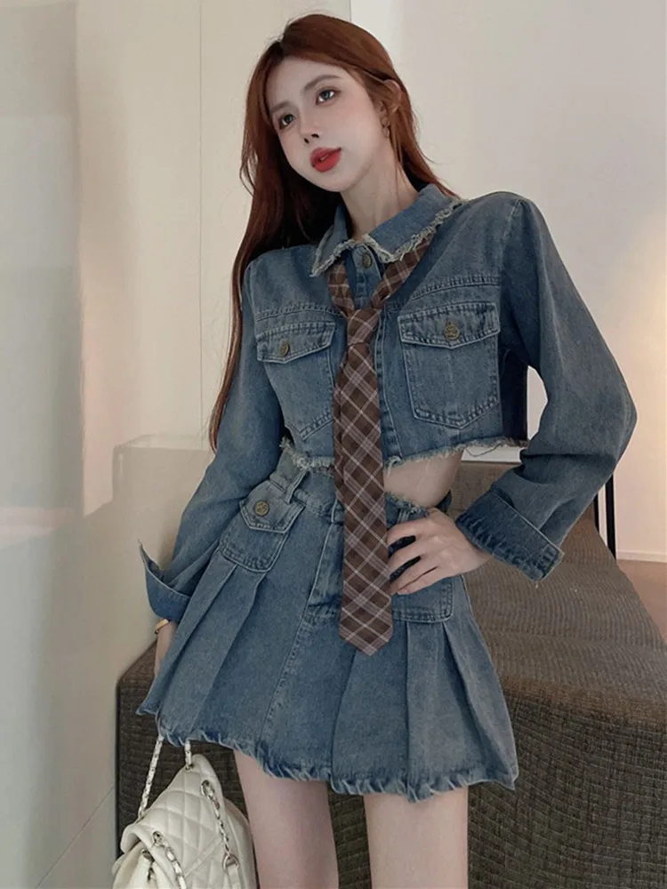 

Sweet Cool Spicy Girl Faionable Denim Set Women's Spring 2025 New Frayed Jaet Skirt Iuencer Two-Piece Set