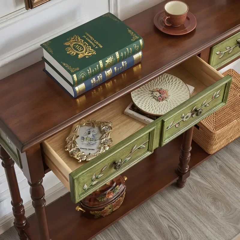 Retro Green Entrance Table with Gold Accents and Walnut Finish Two Tier Storage Console for Living Room Hallway Decor