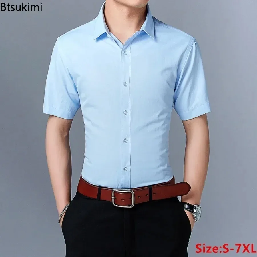

2025 Men's Summer Casual Short Sleeve Shirt Slim Fit Turn Down Collar Shirts Formal Office Business Shirts for Men Tops Big Size