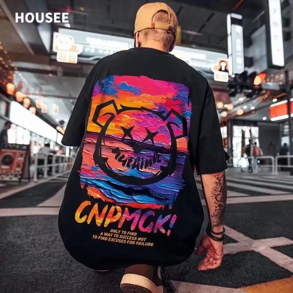 

Мужская универсальная футболка, летняя новая индивидуальная тенденция, свободная и удобная мужская одежда из чистого хлопка с круглым вырезом и короткими рукавами