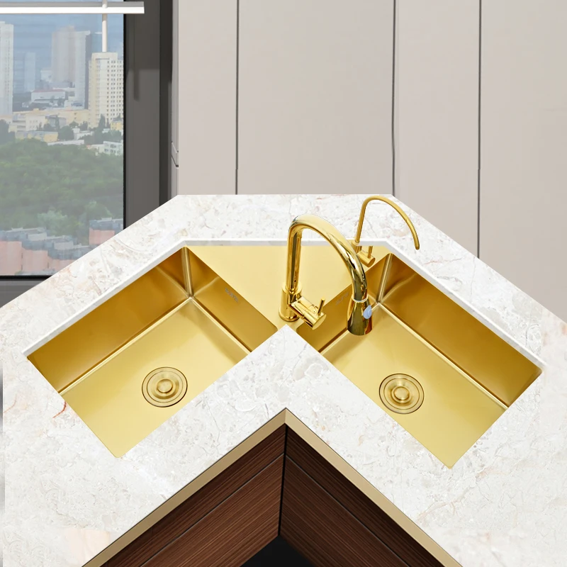 

Nano gold corner sink large double sink kitchen vegetable basin gold corner special-shaped hand dishwasher stainless steel
