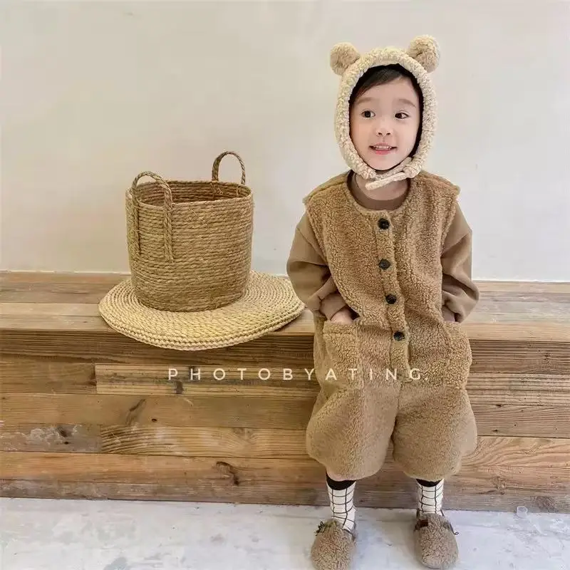 2026-winter-new-unisex-kids-fleece-jumpsuits-pockets-sleeveless-korean-style-toddlers-children-thicken-warm-overalls