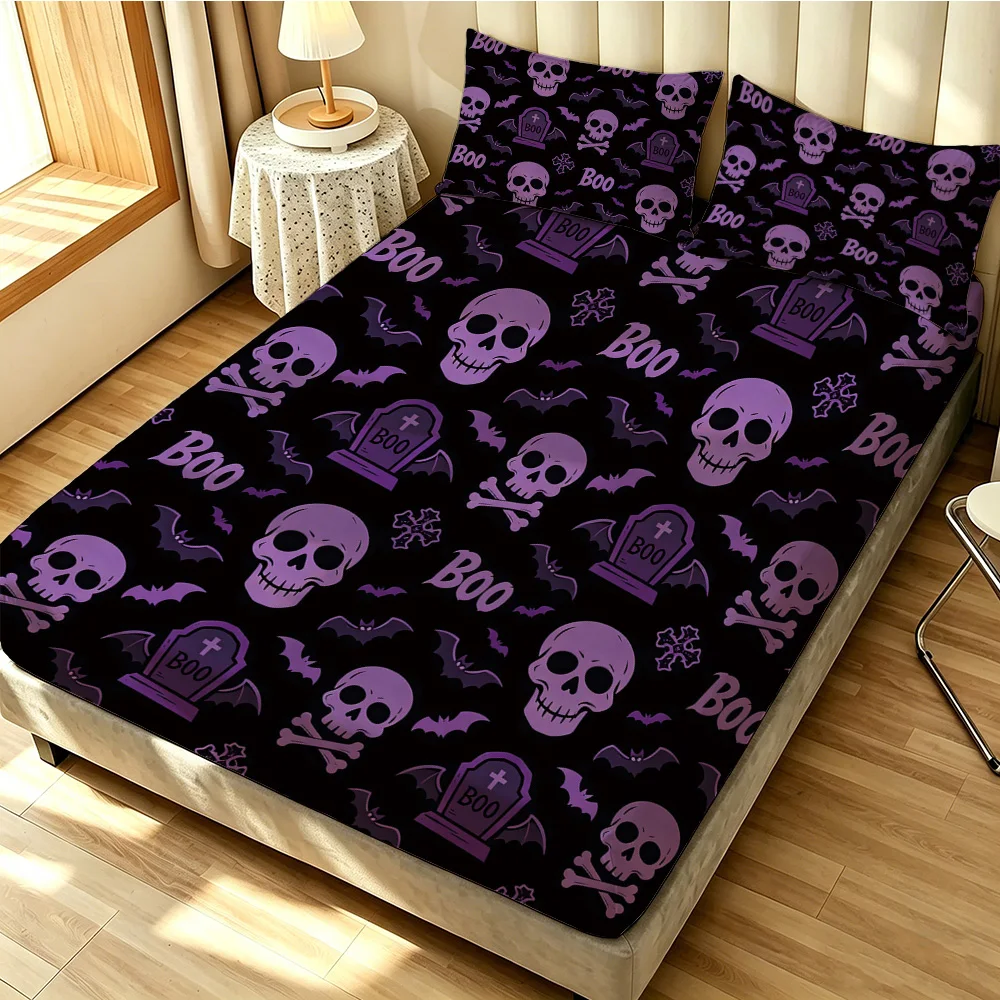 Halloween Skull BOO Fitted Sheet 3PCS Set Purple Skeleton Spooky Bedding Set 1 Fitted Sheet + 2 Pillowcases
