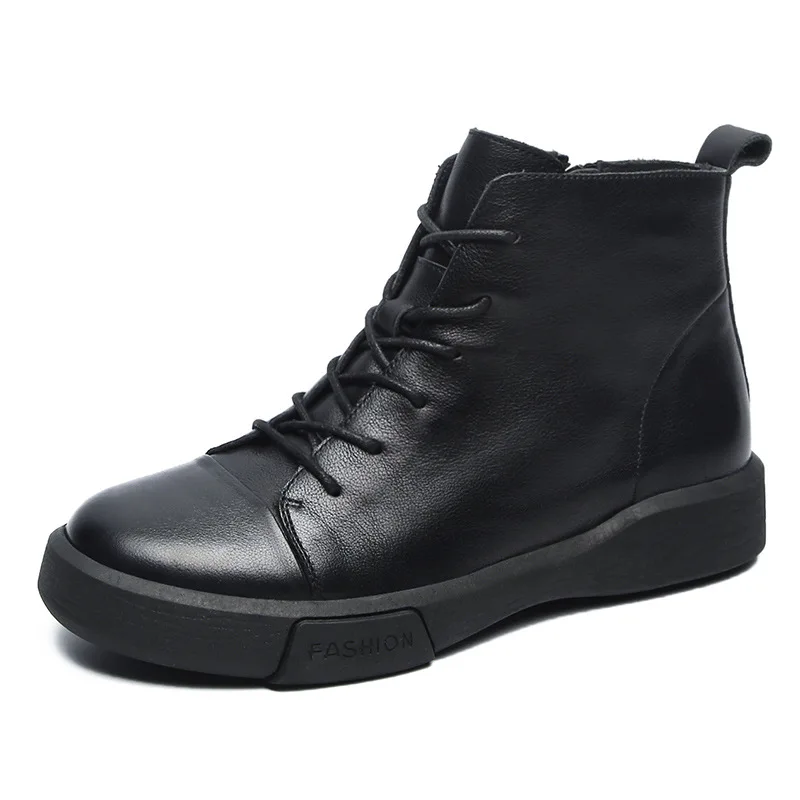 

2025 Fashion Women Flat Ankle Boots 100% Cow Genuine Leather Round Toe Autumn Winter Warm Casual Short Boots Black Brown