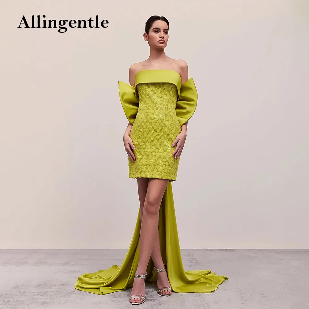 

Stylish Strapless Mermaid Short Prom Dress with Bow Sleevless Green Luxury Sequins Mini Cocktail Birthday Party Gown Customized