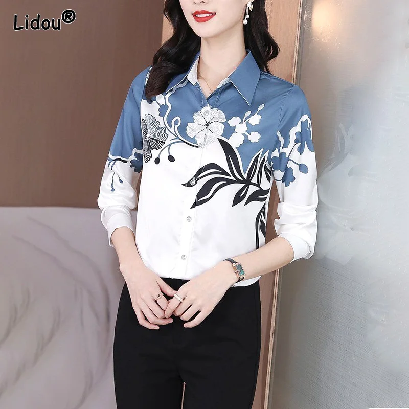 

Vintage Printing Graphic Thin Women Shirt Turn-down Collar Leisure Temperament Women's Clothing 2022 Button Straight Dignified