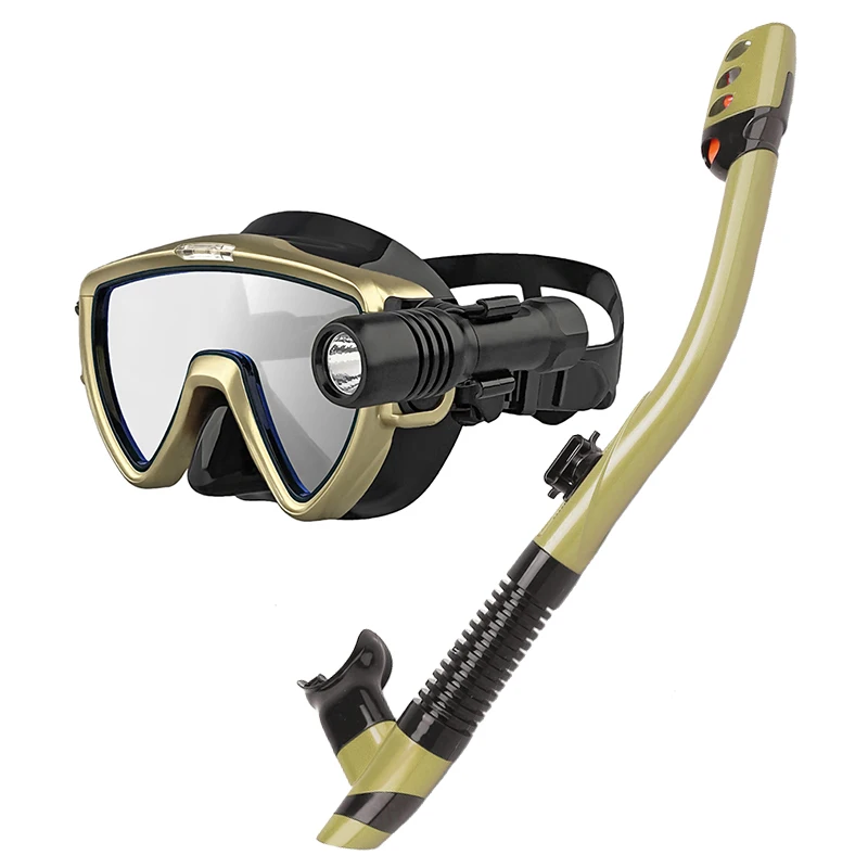 

High-end dry snorkel set includes silicone diving mask snorkel tube with diving light, glass lens for diving and swimming