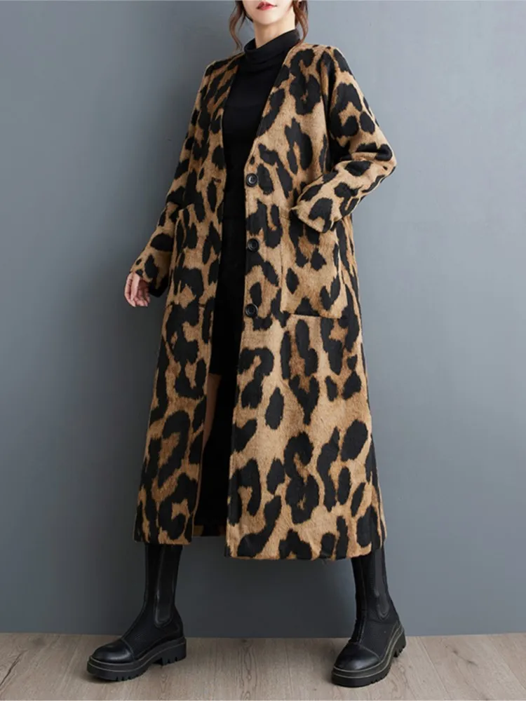 Oversized Autumn Leopard Print V-Neck Trench Coat Women Long Sleeve Modis Ladies Jackets Casual Loose Pleated Woman Trench Coats