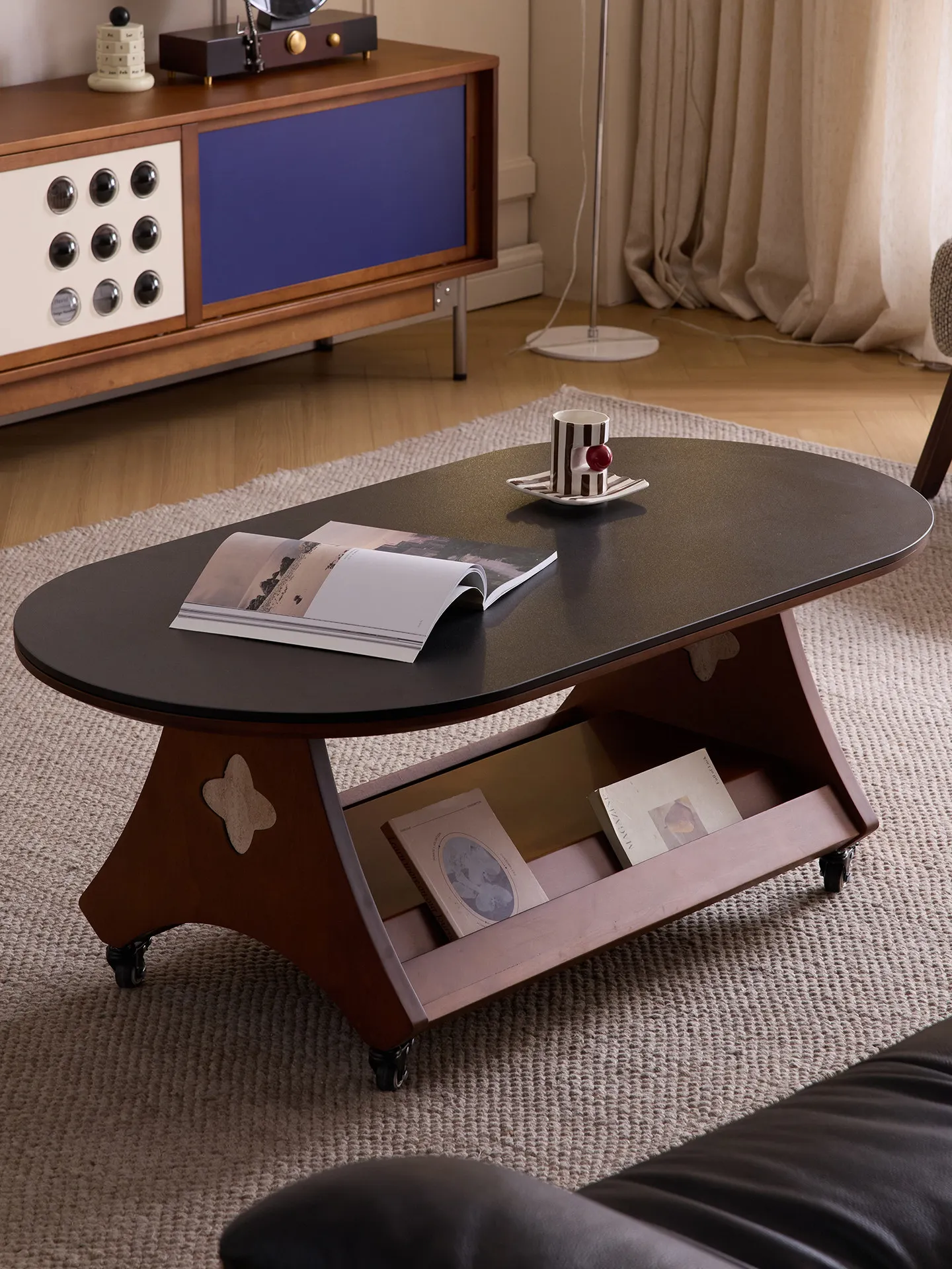 PYJ household living room movable small apartment art tea table oval rock slab solid wood tea table