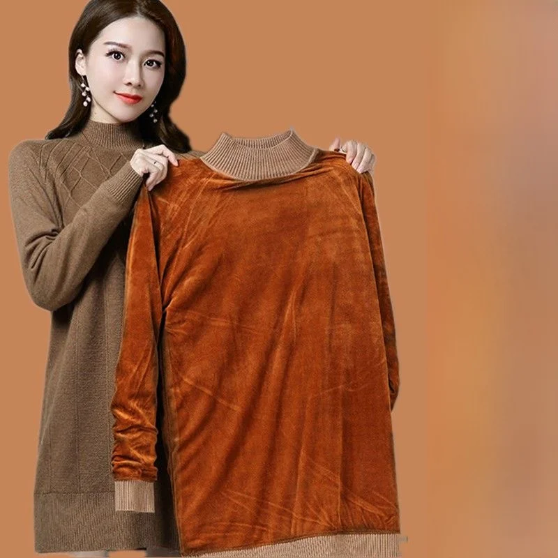 

Thiened Fce Women's Long Sve Thermal Sweater Loose Fit Inner Wear Winter Warm Knitwear f High Collar Mid-Length