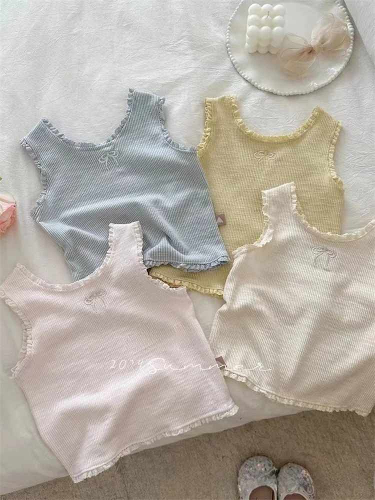 

Girls Embroidered Ruffle Trim Cotton Csole Summer 2025 New Sle Versatile Pure Cotton Strap Top Faionable Baby Outfit