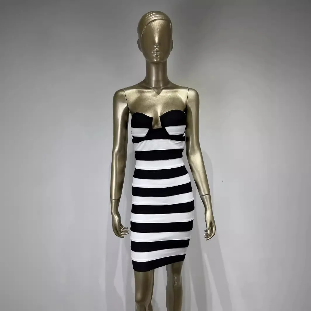 Summer New Bandage Sexy Black And White Stripe Bra Banquet Party Dress