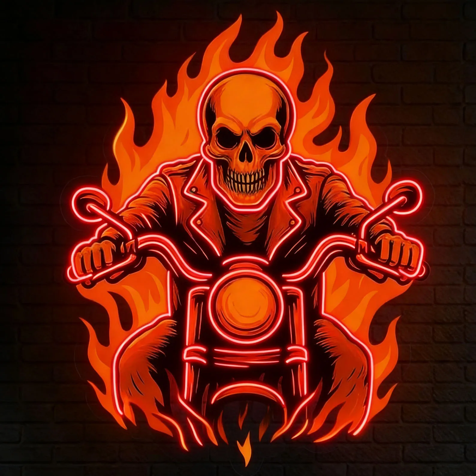 

Skeleton Biker in Flames Neon Wall Art,Skeleton Motorcycle Neon Decor,Skull Rider Fire Neon,Game Room/Man Cave Sign,Gift For Man