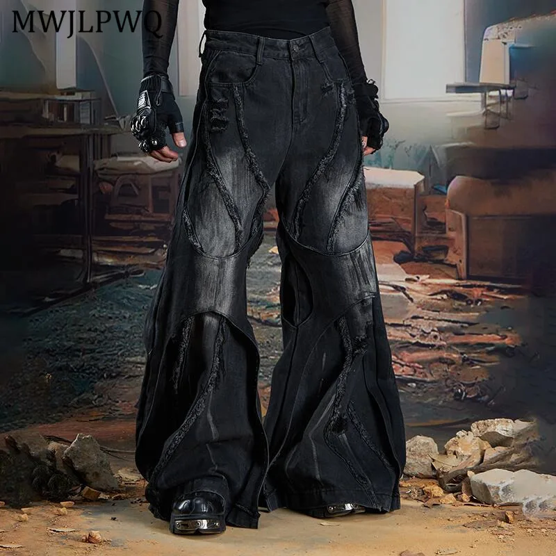 

MWJLPWQ Men's Dark Deconstructed Double Layer Jeans Heavy Industry Spliced Loose Frayed Tassel Distressed Wide Leg Pants 11625