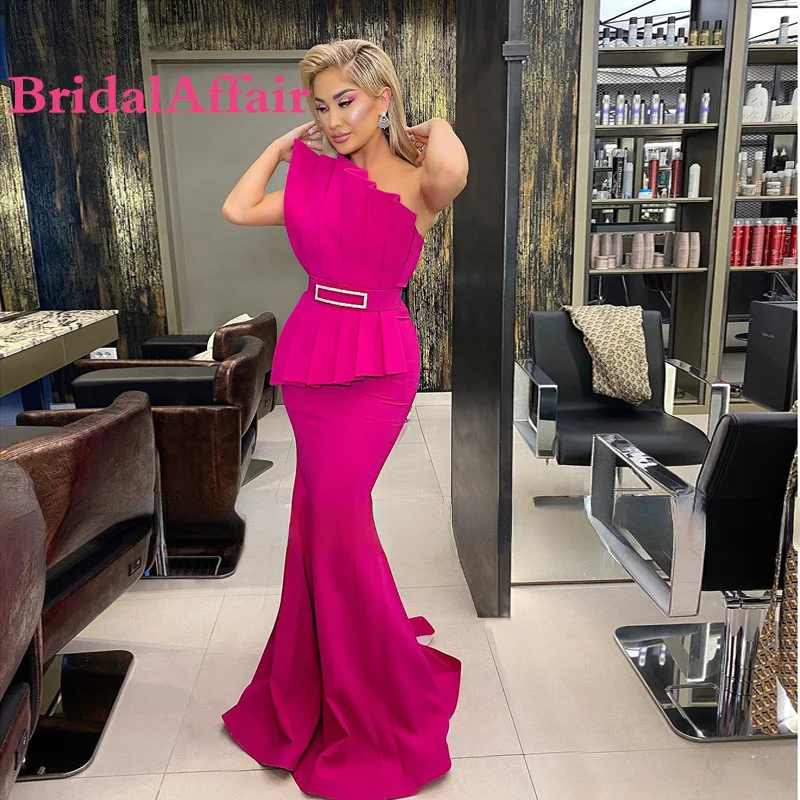 

BridalAffair Fuchsia Mermaid Prom Dresses Pleats Satin Corset Floor Length Long Prom Gowns Maxi Women Party Dress Robe De Soiree