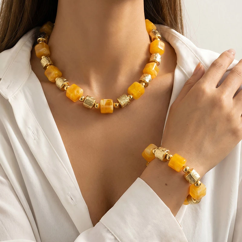 2pcs/set Stackable Square Necklace & Bracelet Set – Clean Line Metal Jewelry for Versatile Styling.
