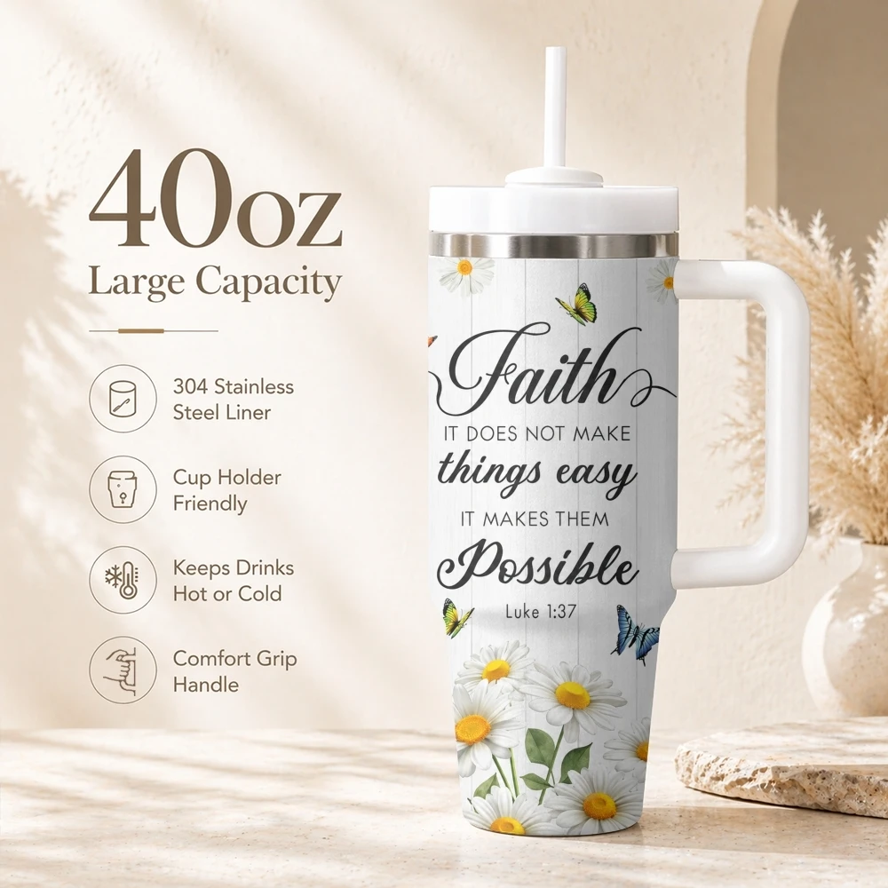 Faith Sunflower Vacuum Flasks 40oz Portable Stainless Steel Tumbler with Handle Straw Double Wall Vacuum Insulated Leakproof Mug