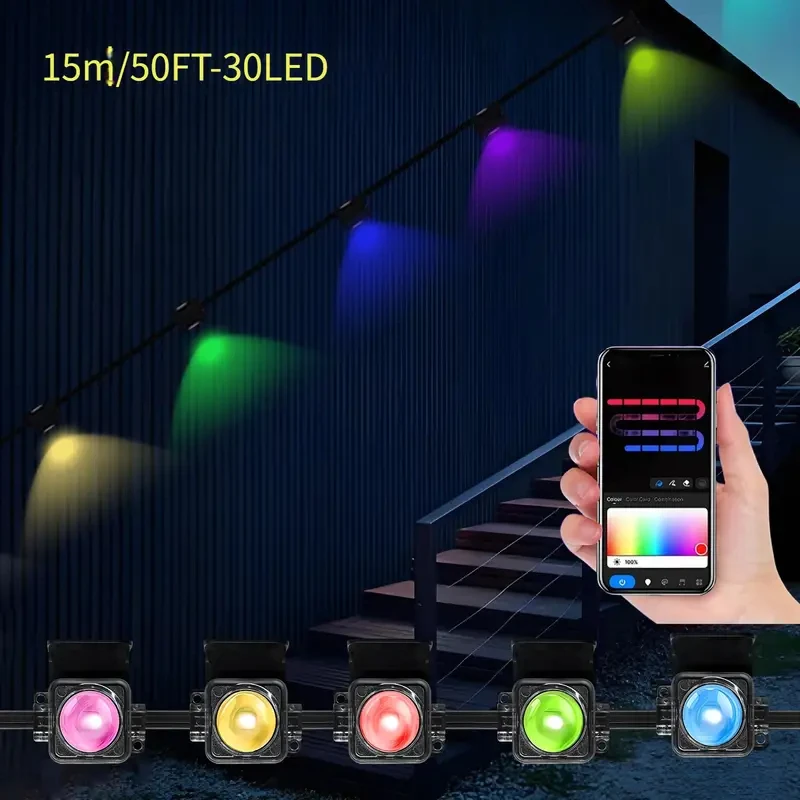 150ft 100ft 50ft أضواء خارجية دائمة أضواء RGBIC الذكية في الهواء الطلق مع 75 وضع المشهد سلسلة أضواء مع 90 المصابيح للحديقة