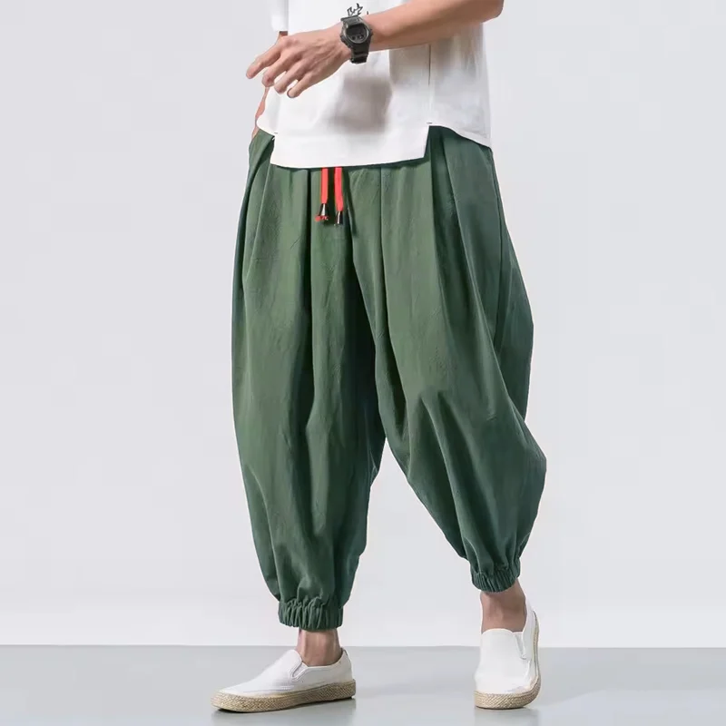 2026 M-5XL Spring and Autumn New Men's Cotton and Hemp Pants Loose Drawstring Lantern Pants Haren Pants Japanese Casual Pants