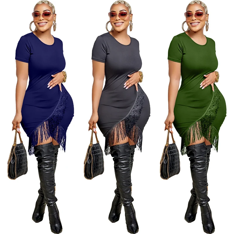 Solid Tassel Short Sleeve O-neck T-shirt Mini Dress Women Elegant Night Club Party Bodycon Dress Gown Streetwear Casual Outfits