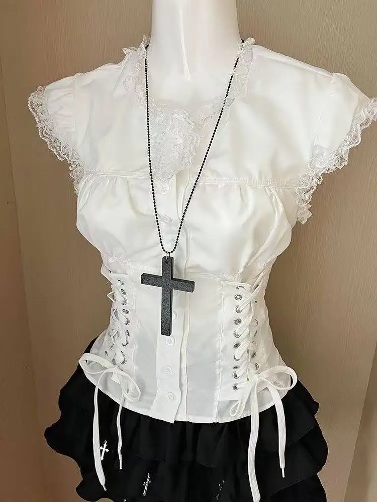 Y2K Retro Subkultur Bluse Damen Bandage Einfarbig Slim Tees Amerikanischer Vintage-Stil Sommer Lässige Streetwear Tops