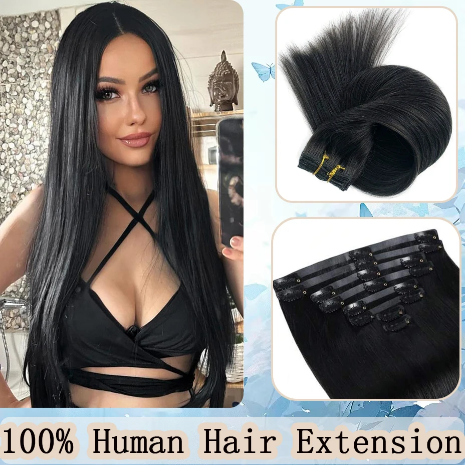 

Straight Clip In Hair Extension 100% Human Hair For Woman- Full Head Clip In Hair, Nature Black Color, 10-30 Inches And 8Pcs/Set
