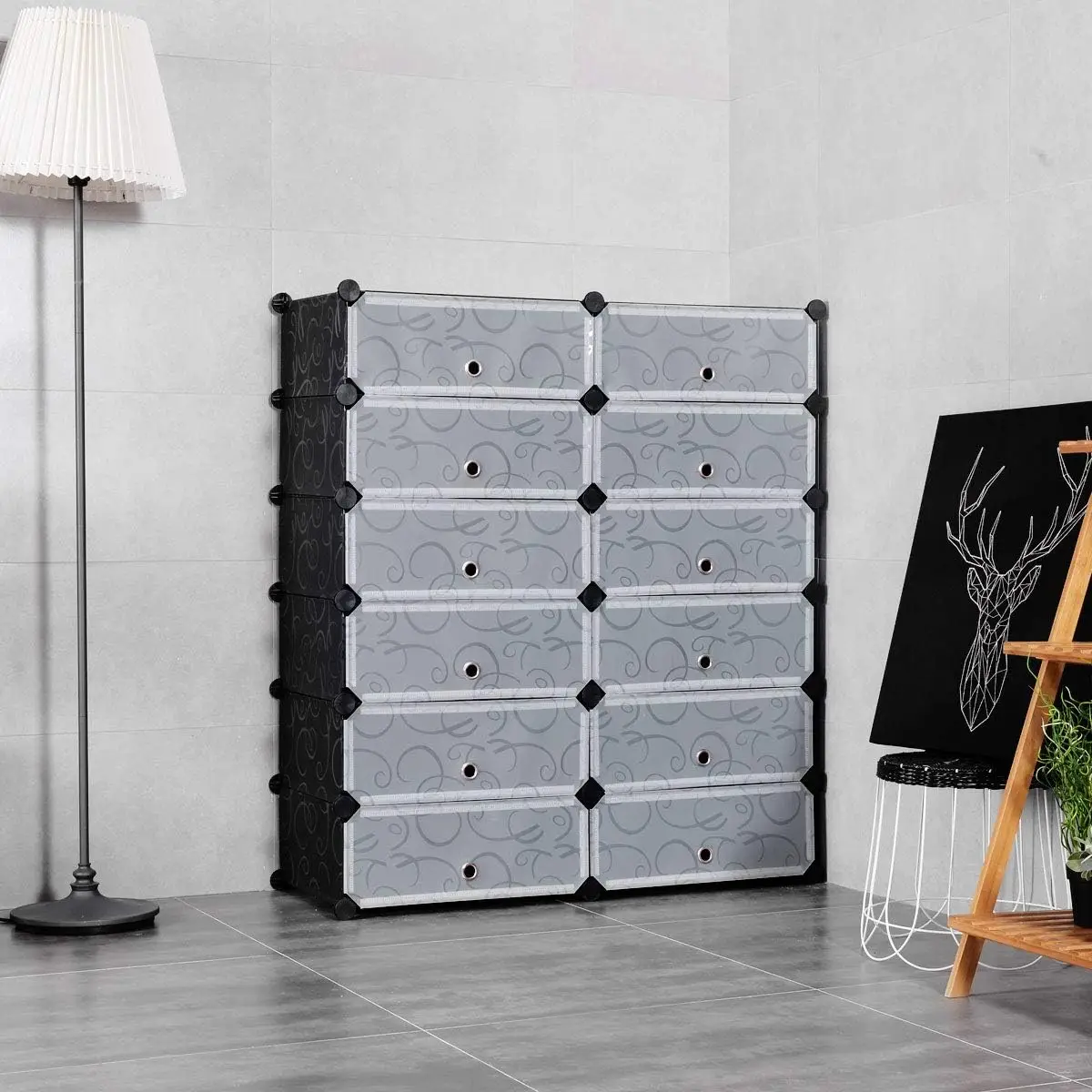 Shoe Rack Organizer,12-Cube Modular Plastic Shoes Storage Cabinet with 6-Tier Shoe Shelves & Transparent Doors,Black