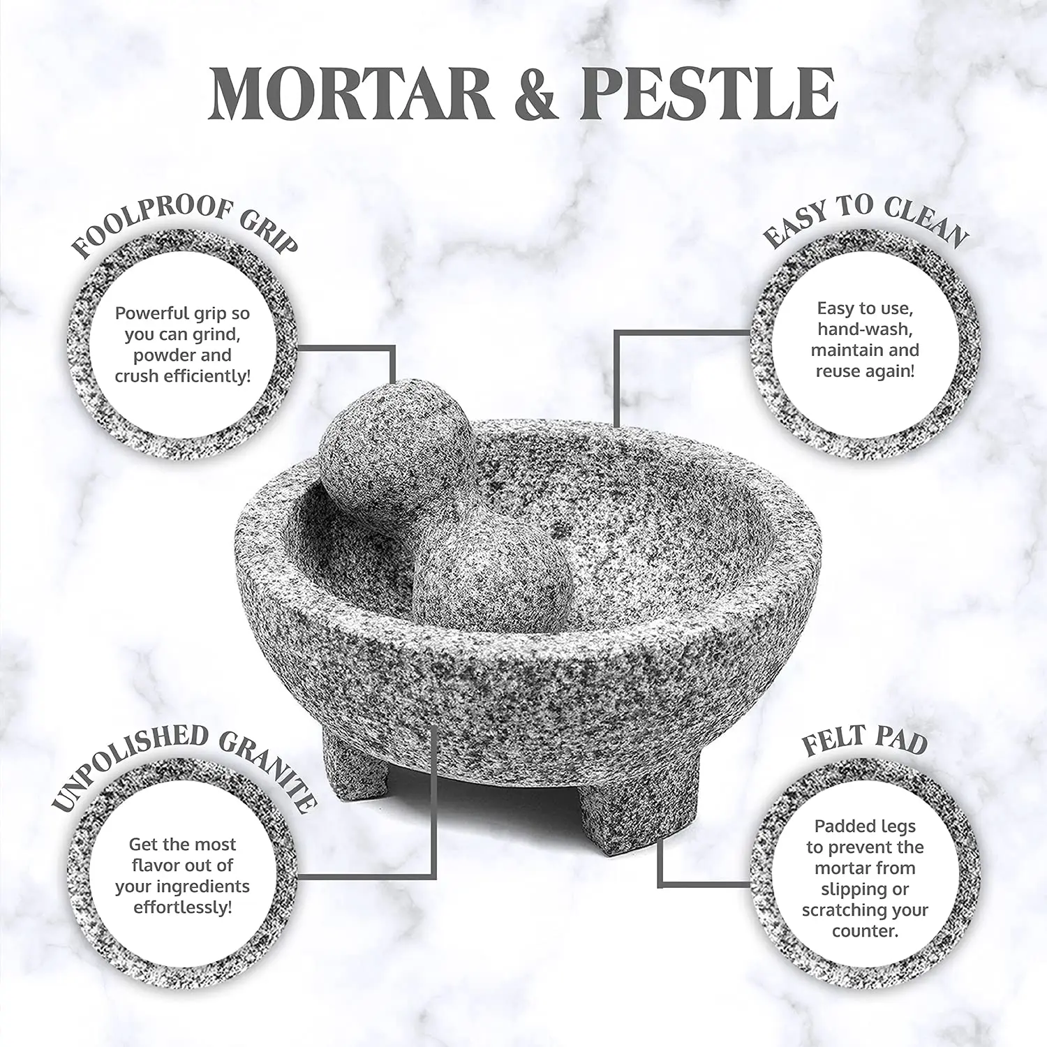 Granite Mortar And Pestle Set Guacamole Bowl 8 Inch Natural Stone Grinder for Spices Seasonings Pastes Pestos and Guacamole