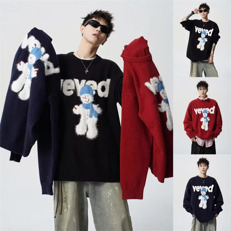 

New Men's Cartoon Snowman Jacquard Christmas Sweater Letter Printed Casual Crewneck Knitted Pullovers Y2K Streetwear Knitwear