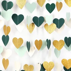 Sage Green Mint Gold Love Heart Garlands Wedding Party Decorations Paper Streamer String for Rustic Wedding Neutral Baby Shower
