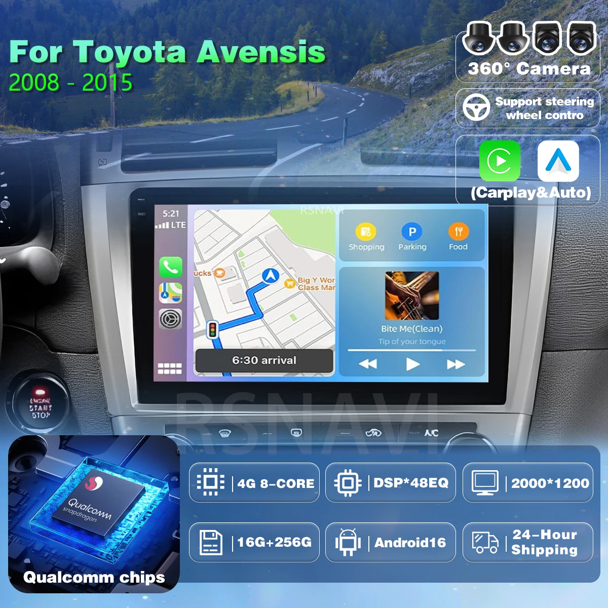 Android 16 Carplay Auto pour Toyota Avensis 2008 2009 - 2015 Autoradio GPS WIFI+4G Lecteur vidéo stéréo 2Din Caméra 360 Navigation