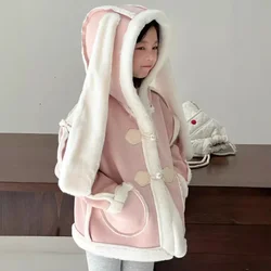 Girls Coat 2024 Winter New Childrens Clothes Girls Baby Foreign Sweet Rabbit Ears Hooded Fur Coat Casual Simple and Daily