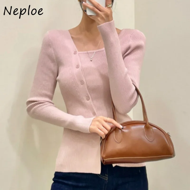 Neploe Square Collar Irregular Solid Color Outerwear Vintage Sweater Women Long Sleeve Single-breasted Slim Cardigan Mujer Y2k