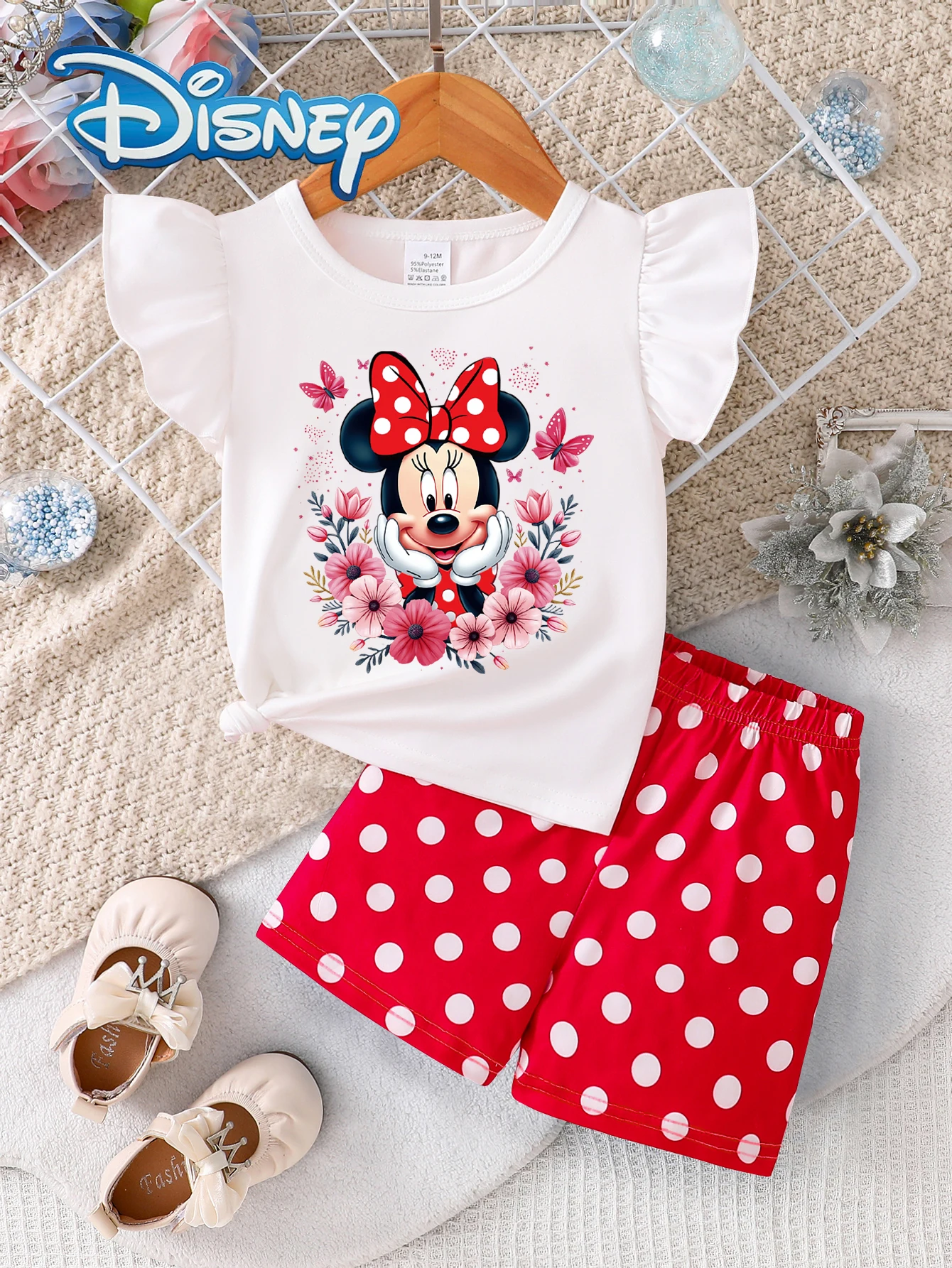 

[Officially Licensed] Disney Exclusive Summer Collection for Baby Girls: Mickey Mouse Cute Short-Sleeve and Shorts Set with Full Print, Featuring Minnie Flower Cartoon Pattern, Slightly Stretchy, Suitable for Baby Girls' Daily Wear, Great Gift Choice