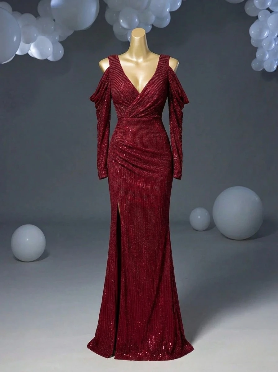 

Американское сексуальное модное длинное вечернее платье, женское вечернее платье с v-образным вырезом и открытыми плечами, расшитое блестками и длинными рукавами, роскошное элегантное бальное платье