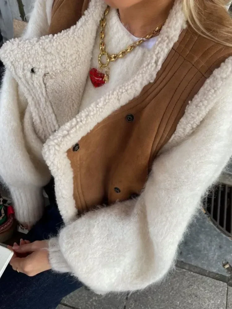 Faux Leather Fur Vest For Women Elegant Turndown Collar Sleeveless Warm Jackets 2025 Winter Chic Casual Female Waistcoat Vests