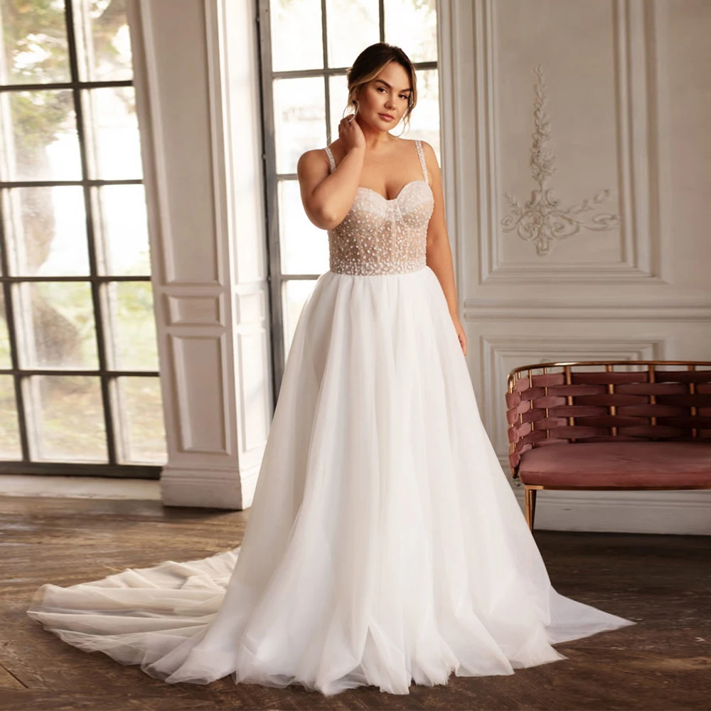 Charming Plus Size Wedding Dresses for Women 2024 Summer Sleeveless Bridal Gowns with Soft Tulle New Sweep Train Vestidos De