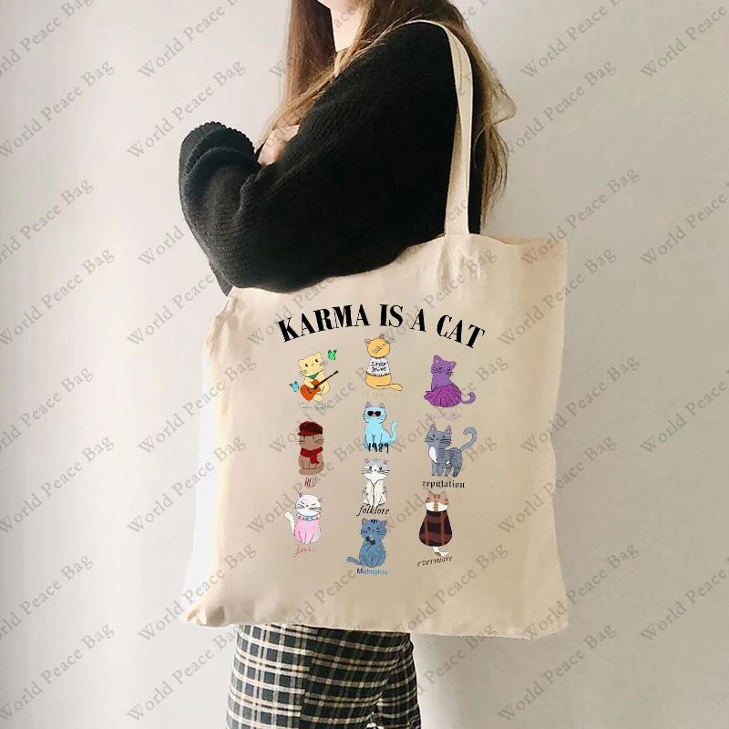 1 Pc Karma Is A Cat Pattern Tote Bag Canvas Shoulder Bag for Travel Daily Commute Women's Reusable Shopping Bag Trendy Folding