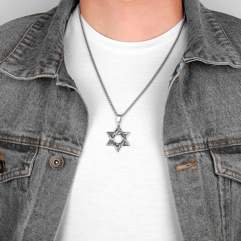 Davidstern Hexagramm Anhänger Halskette Unisex Vintage Gothic Biker Jüdischer Rock Talisman Edelstahl Schmuck Geschenke Dropshipping – Detail 4