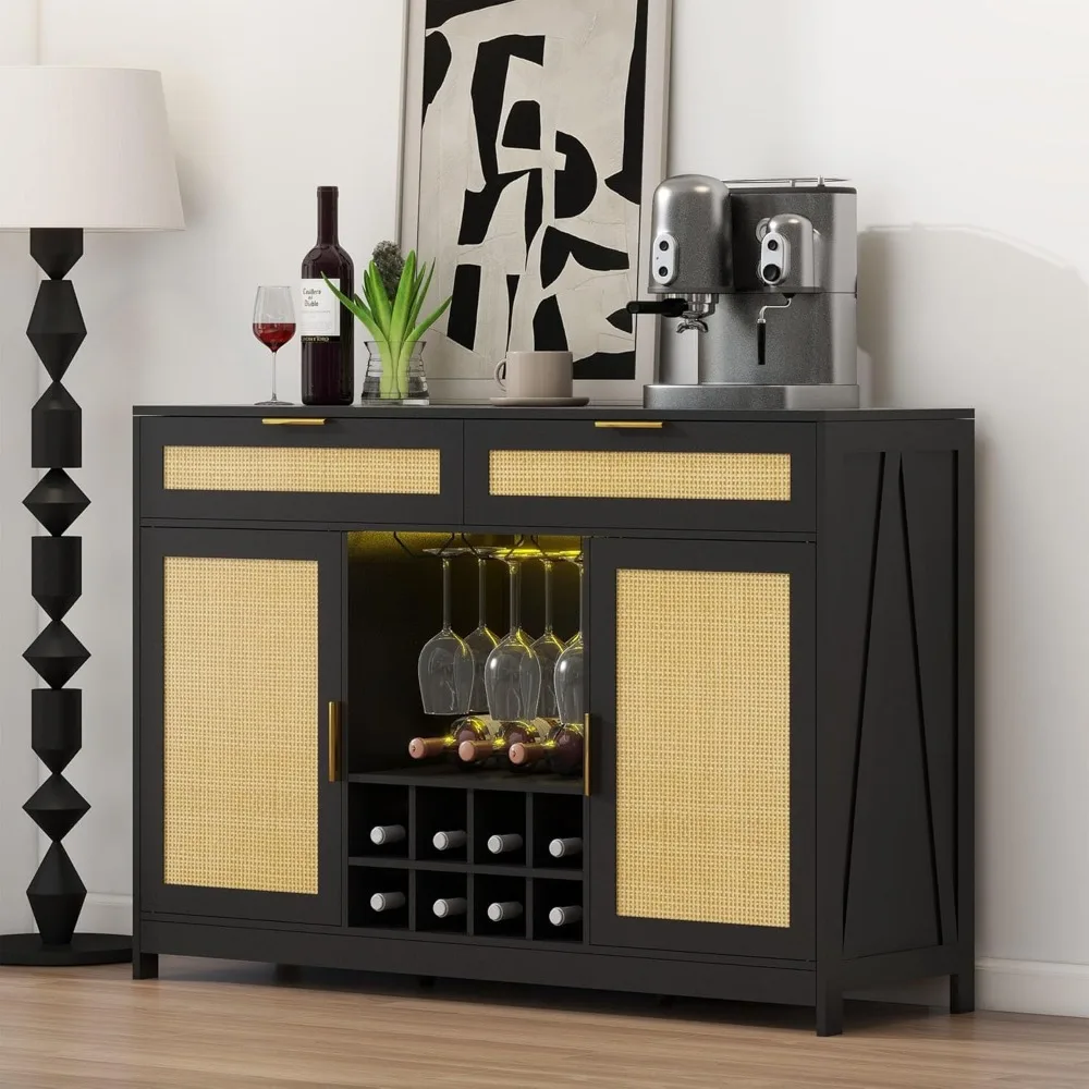 

51.2'' Rattan Coffee Bar Cabinet with Drawers and Storage, Boho Sideboard Buffet Cabinet with LED Lights, Wine Liquor Cabinet wi