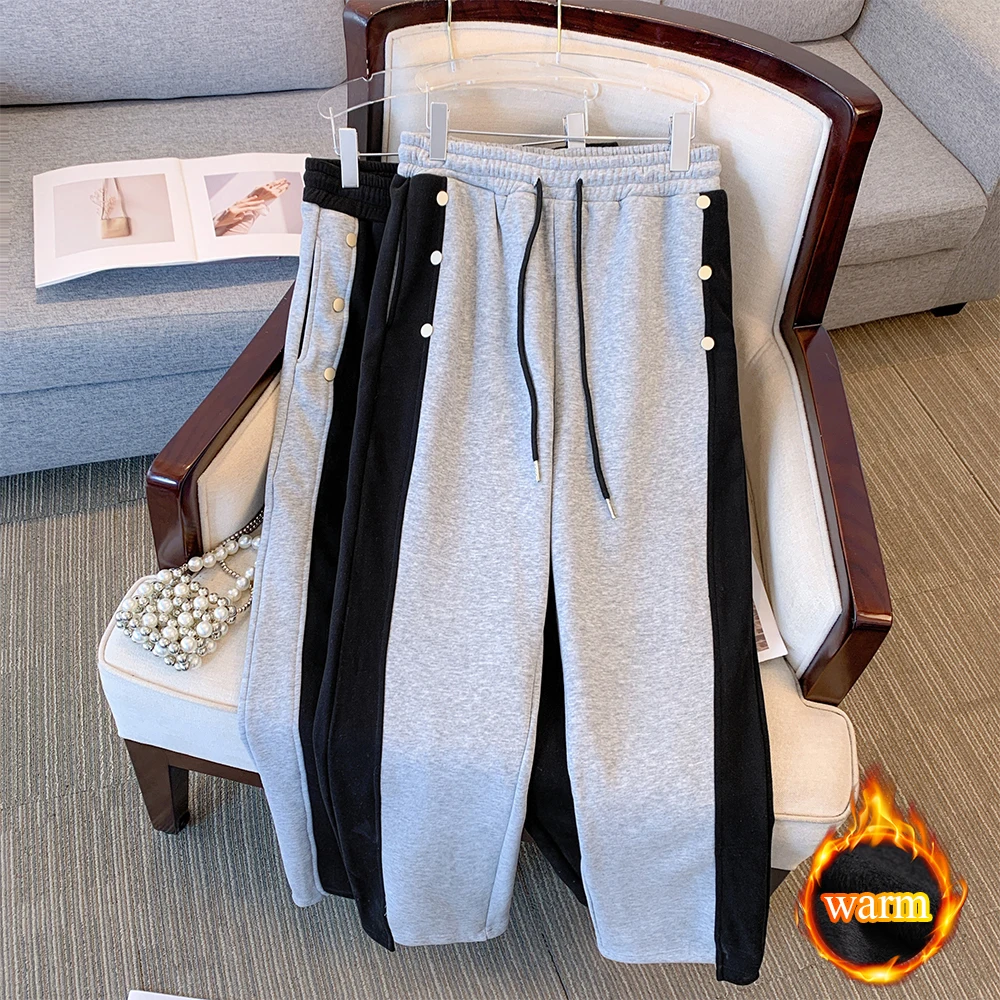 Plus size women's new autumn and winter cashmere thickened warm high waist casual straight trousers loose elastic waist trousers