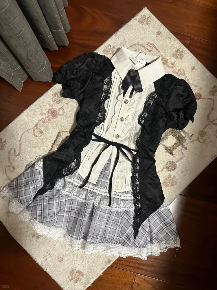 

Japanese Sweet Elegant 2 Piece Sets Women Y2k Lolita Design Tops + High Waist Chic Skirt Female Princess Retro Outfits Summer